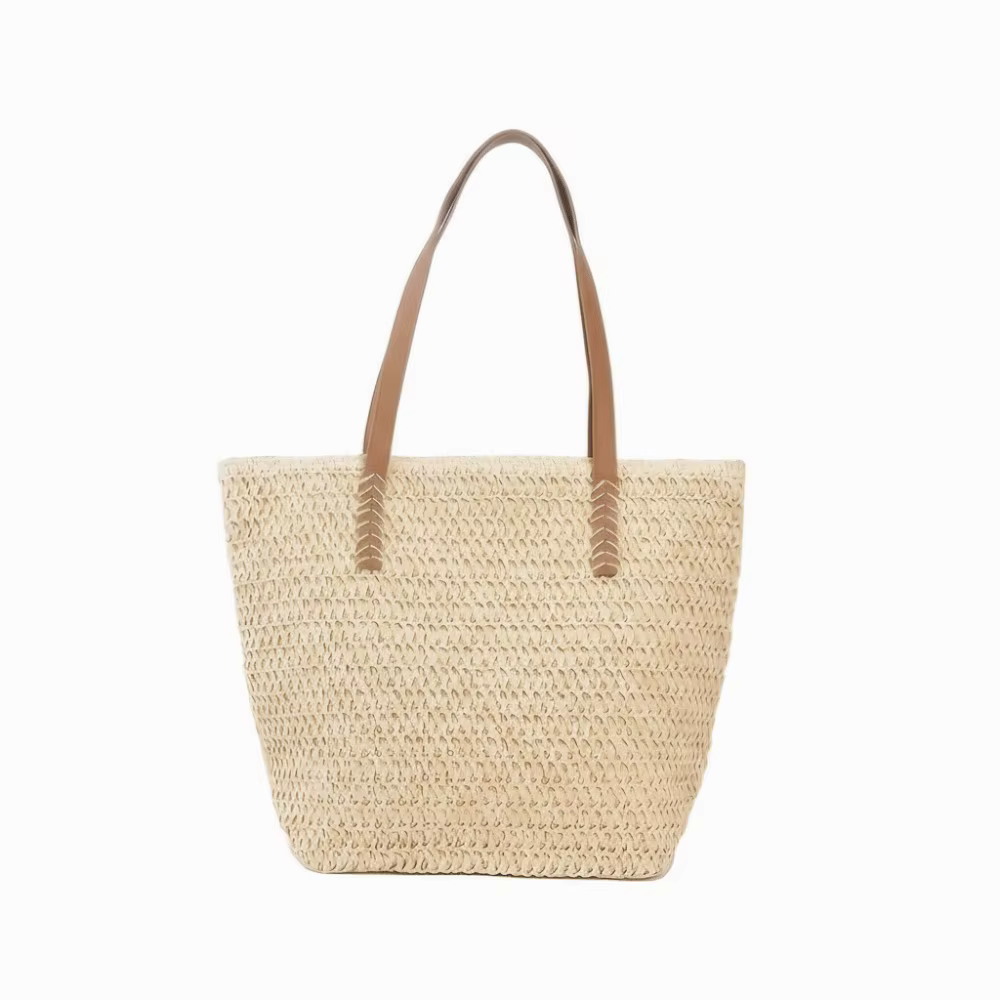 Sac fourre-tout décontracté en paille tressée couleur unie avec fermeture éclair, sac à main de plag