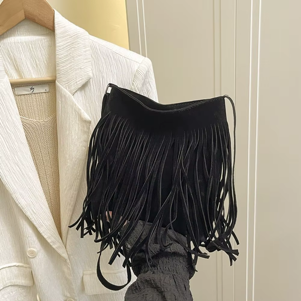 Sac bandoulière vintage en suède à franges, grande capacité, style bohème, sac à bandoulière couleur