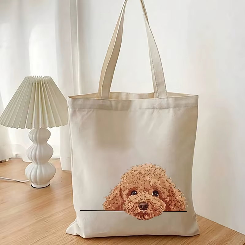 Sac fourre-tout en toile avec imprimé visage de chien en peluche mignon, idéal pour un usage quotidi