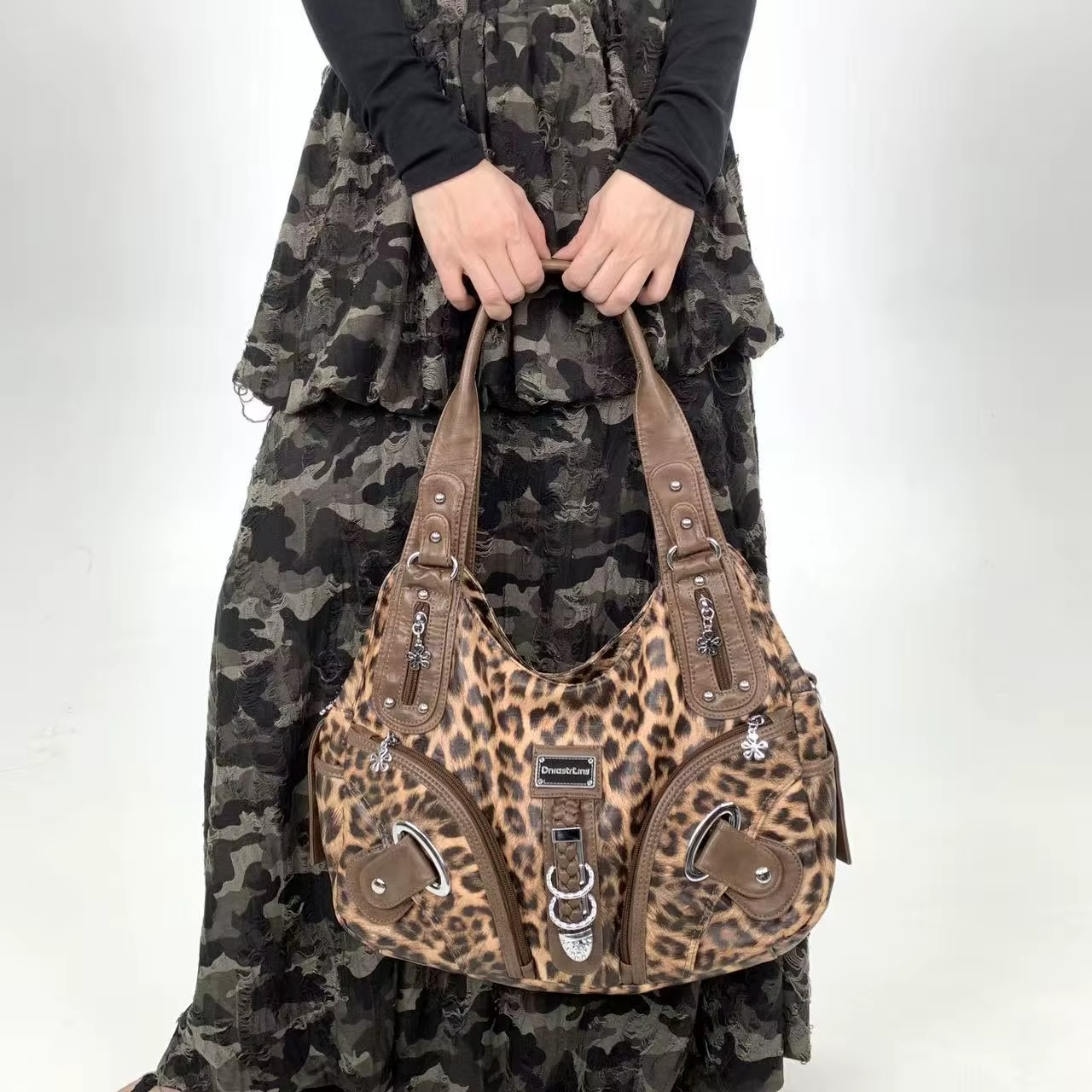 Y2K vintage hot girl personnalité sac à bandoulière imprimé léopard avec plusieurs compartiments, sa