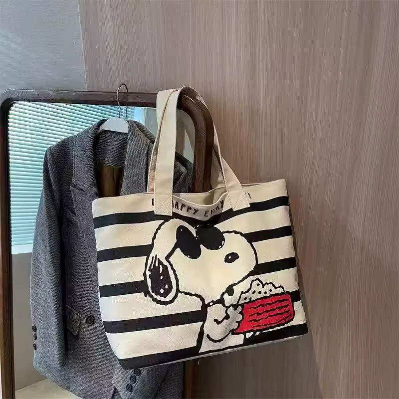 Sac fourre-tout à bandoulière Snoopy en toile, décontracté et relaxant, grande capacité, rayures noi