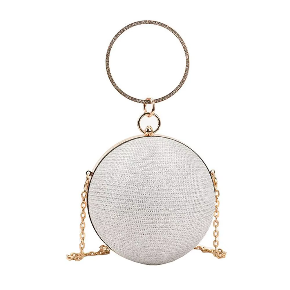 Sac de soirée circulaire en soie brillante dorée pour femmes, pochette de Banquet, décor en strass,