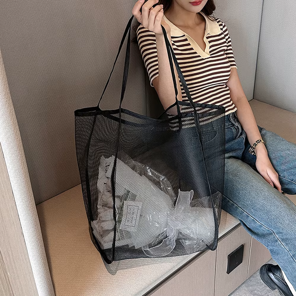 Sac de plage en maille, pochette à cosmétiques, grand fourre-tout de plage avec poche zippée pour sa