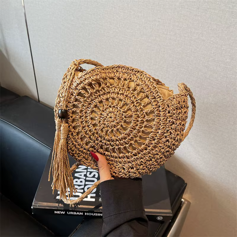 Sac à bandoulière rond en paille tressée pour femme, sac de plage d'été fait main en corde de papier