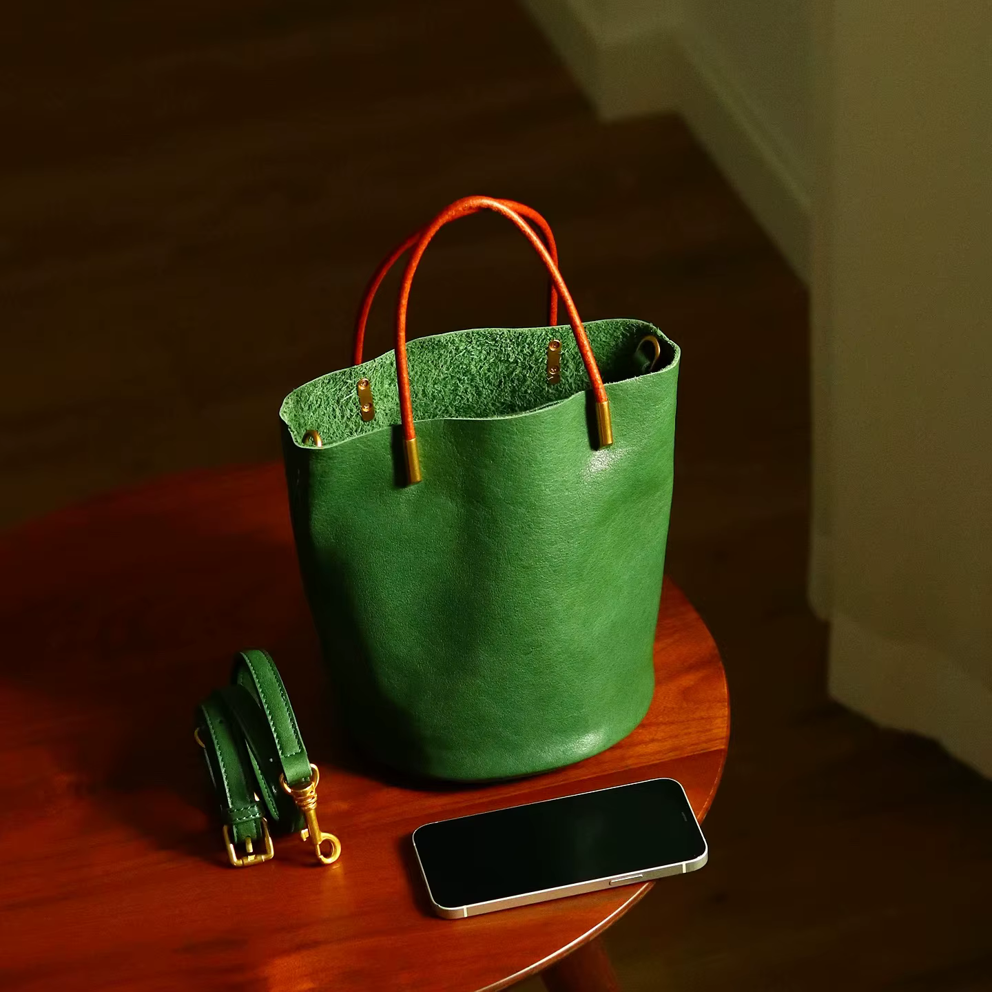 Sac seau en cuir vert de style japonais Pashewar pour femme, sac à main d'été en cuir de vachette de