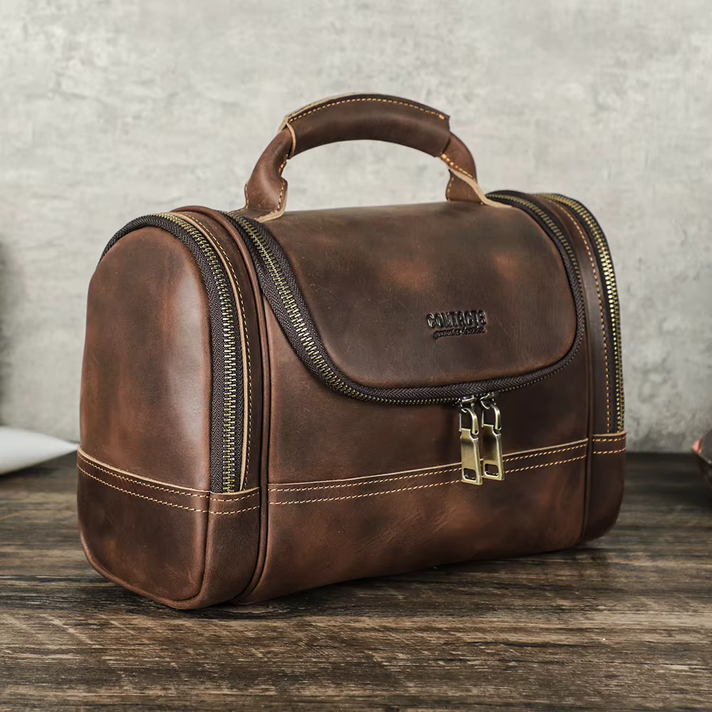 Hommes en cuir véritable voyage affaires toilette rasage sac femmes rétro cosmétique lavage douche o