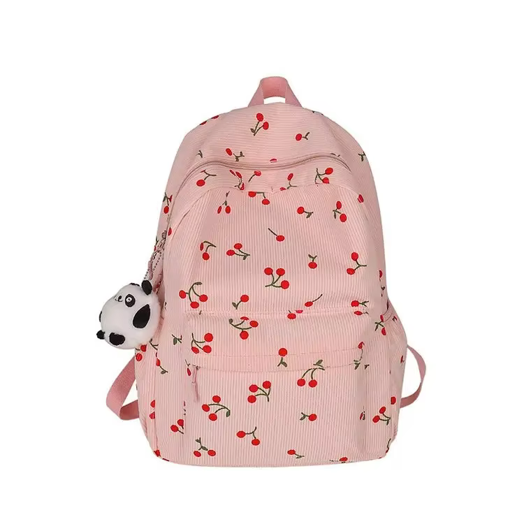 Sac à dos en velours côtelé motif cerise pour femmes, sac de jour de voyage, sangle réglable, sac à 