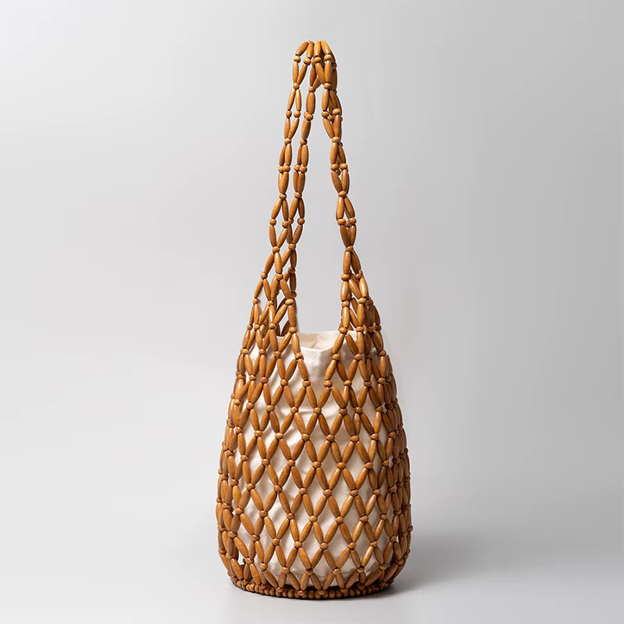 Sac à main tissé pour femmes, design d'été, fourre-tout en perles de bois ajourées, sac à bandoulièr