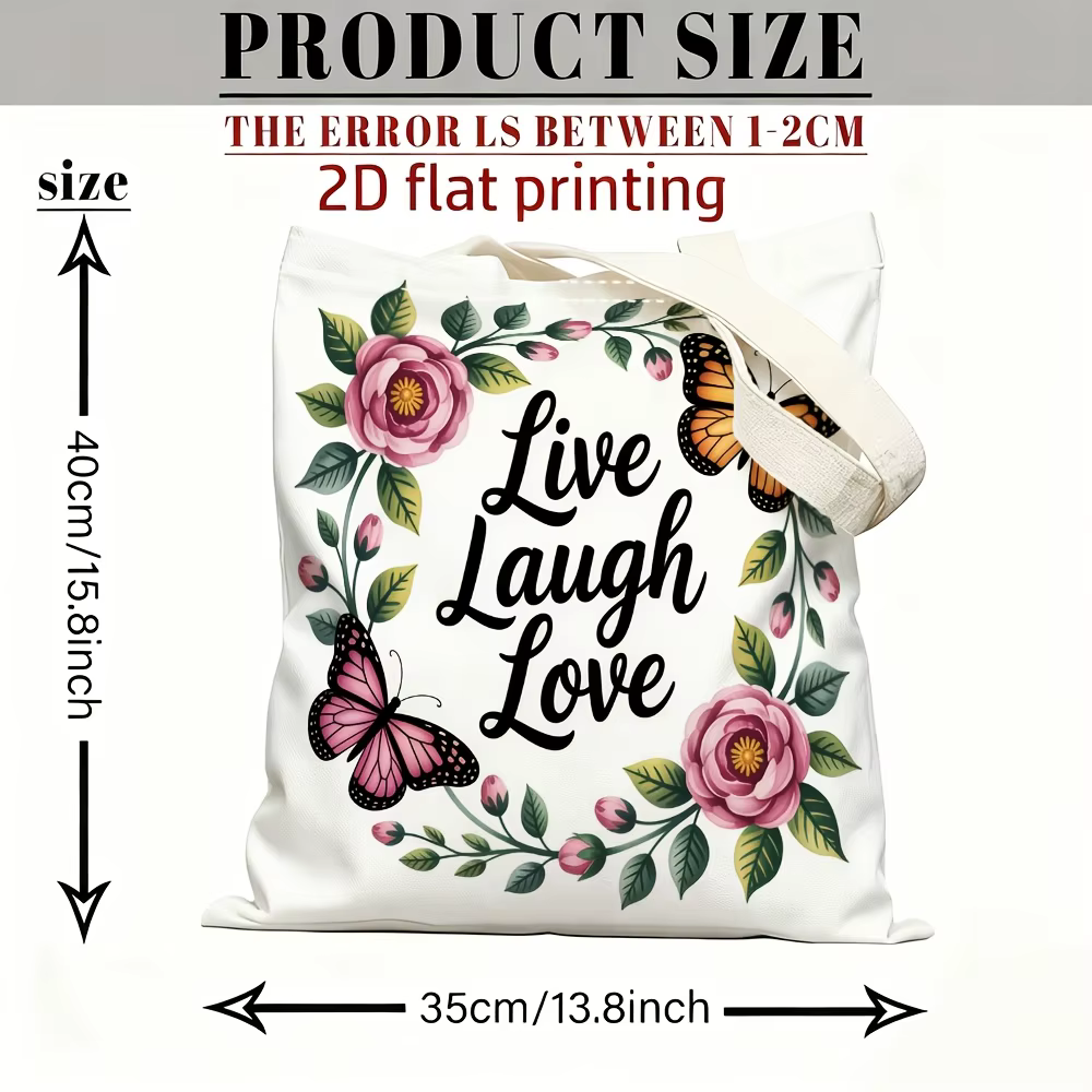 1 sac fourre-tout à motif floral et papillon « Live Laugh Love », sac de courses réutilisable, adapt