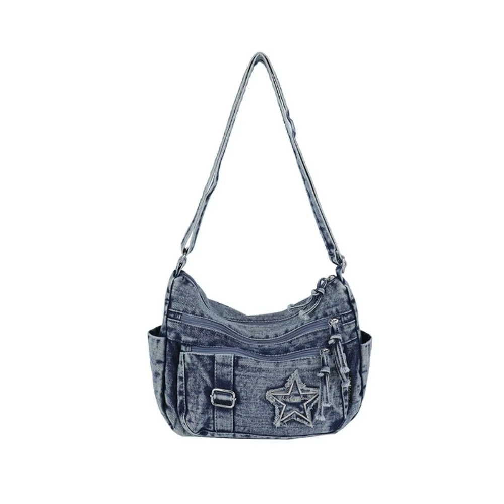 Sac à bandoulière en jean durable avec sangle réglable, multi-poches, sac décontracté en denim grand