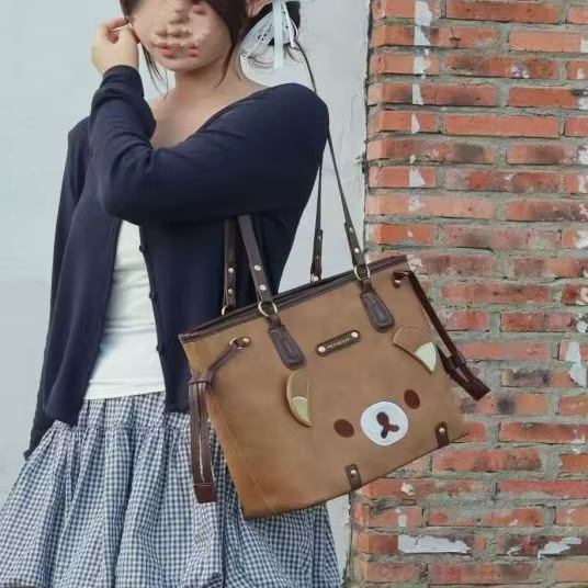 Sac à main Rilakkuma de grande capacité, sac à bandoulière rétro avec broderie d'ours de dessin anim