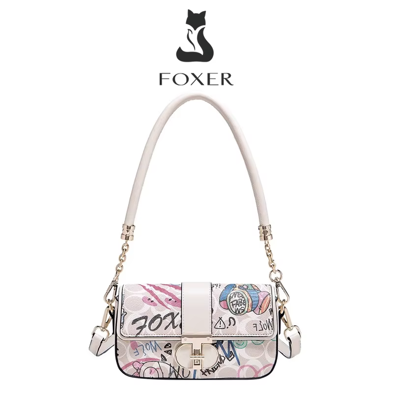 Sac à bandoulière chic en cuir PU FOXER, sac à main graffiti pour femme, sac à bandoulière tendance 