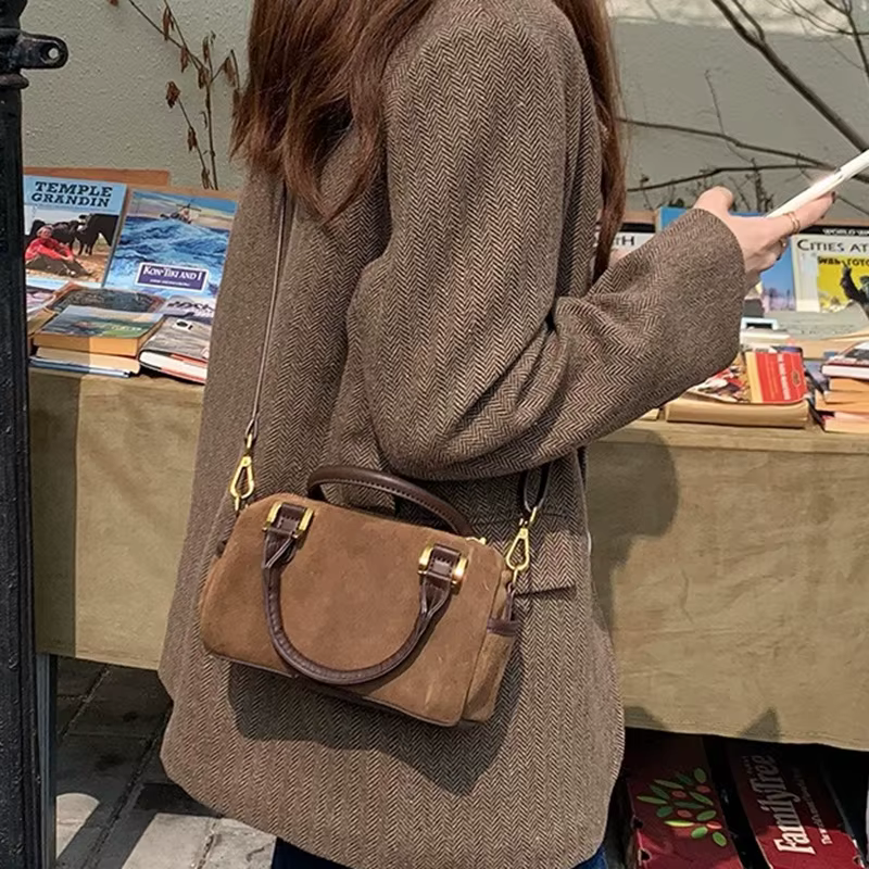 Sac Boston en Velours Rétro Polyvalent pour Femme, Mini Sac à Main Coréen, Sac Bandoulière Classique