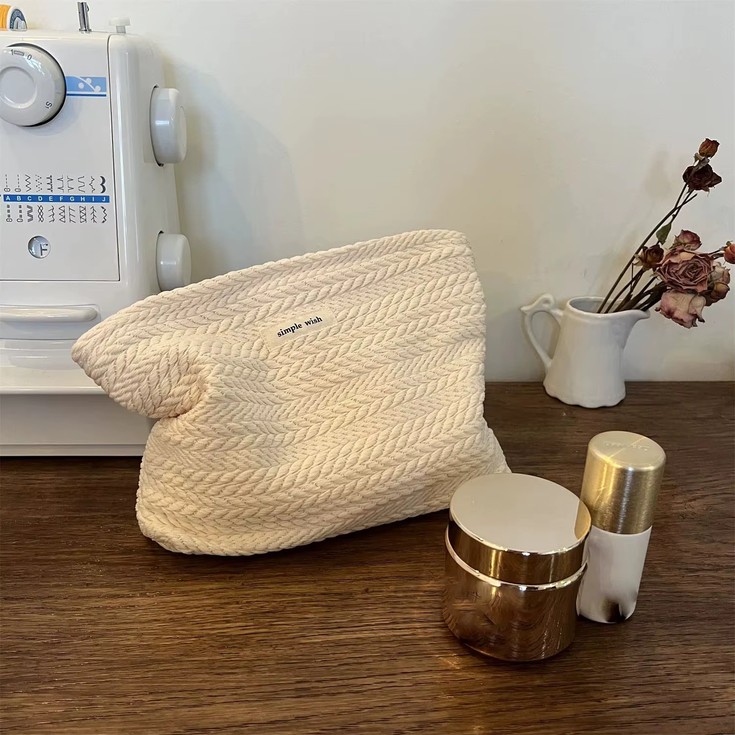 Trousse de maquillage en coton tissé à la main – Pochette cosmétique au crochet artistique avec ferm