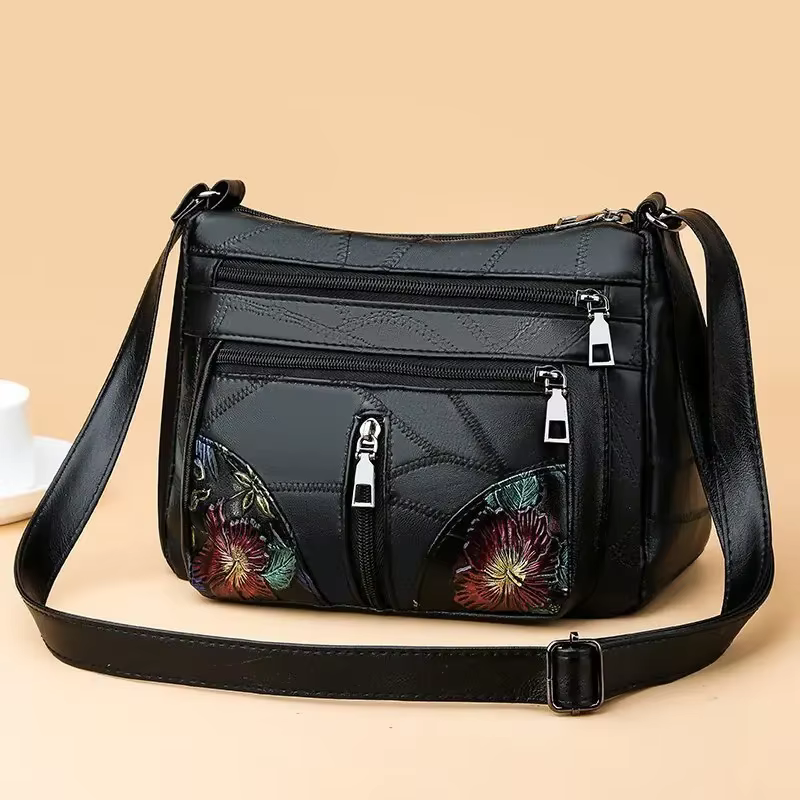Sac à bandoulière pour femmes, sac à bandoulière multi-poches avec sangle réglable en cuir PU brodé 