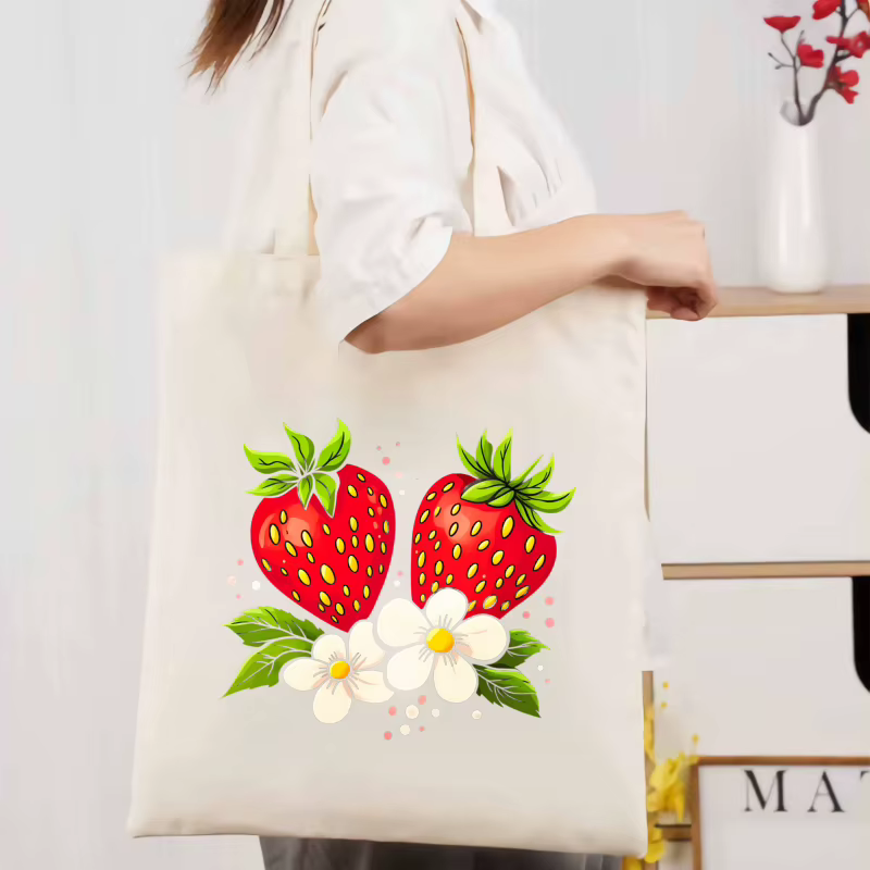 Sac fourre-tout en coton, couleur naturelle, imprimé fraise et fleur, adapté à un usage quotidien, a