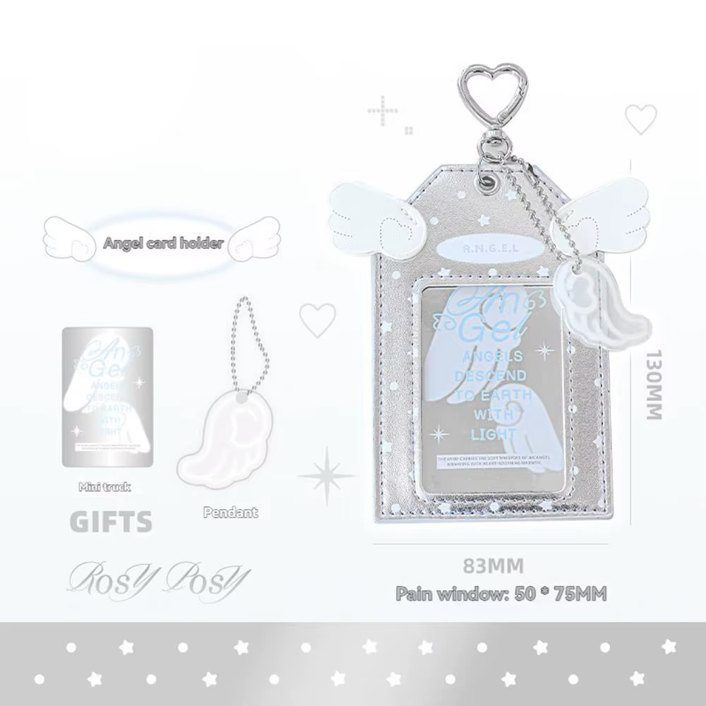 Ensemble de porte-cartes en cuir PU Aile d'ange avec breloque métallique, protège-cartes photo Kpop,