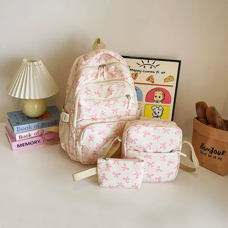 3 pièces/ensemble mignon fille grande capacité sac à dos nœud imprimé Nylon cartable sangle réglable