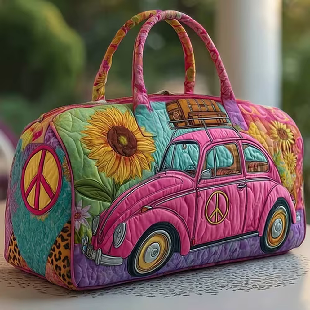 Sac de voyage matelassé style hippie bohème, motif tournesol et symboles de paix, sac fourre-tout de