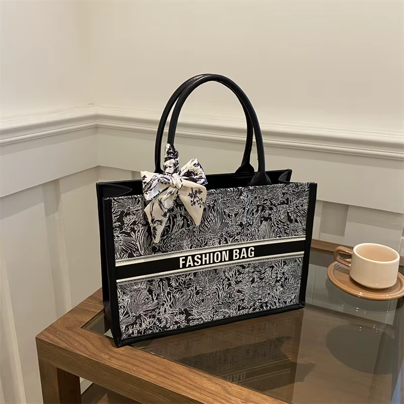 Sac fourre-tout de luxe élégant pour femme, motif brodé bouquet, en cuir PU, avec foulard à lettres,