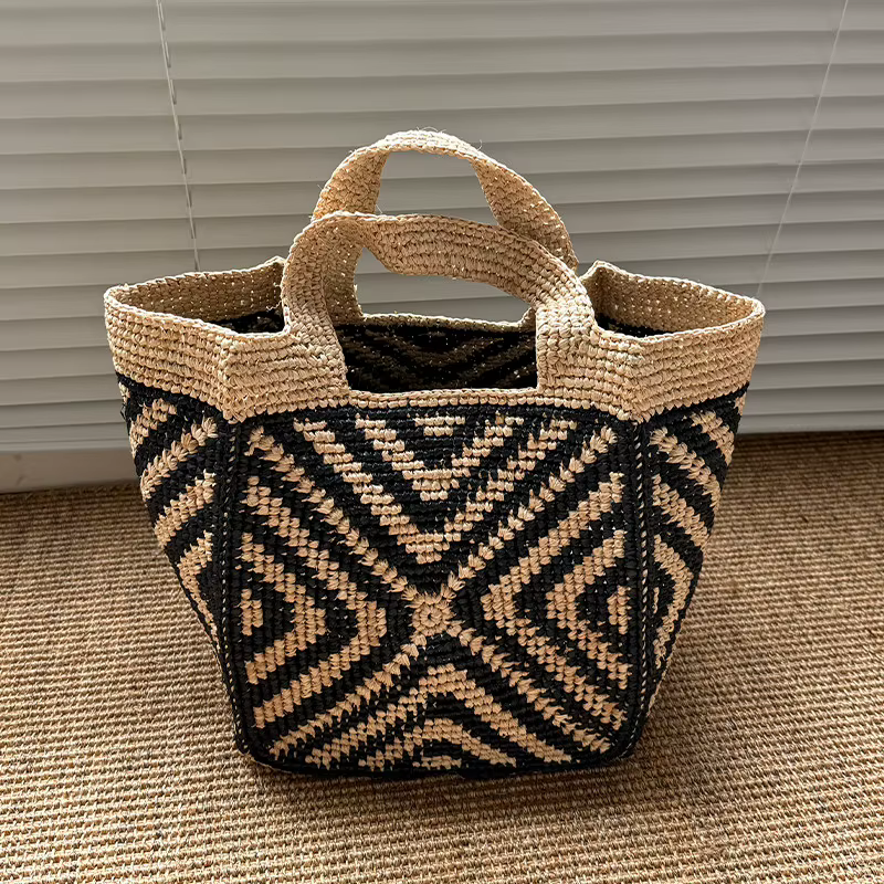 Sac fourre-tout en raphia tressé à la main pour femme, motif géométrique, sac à main en paille, styl