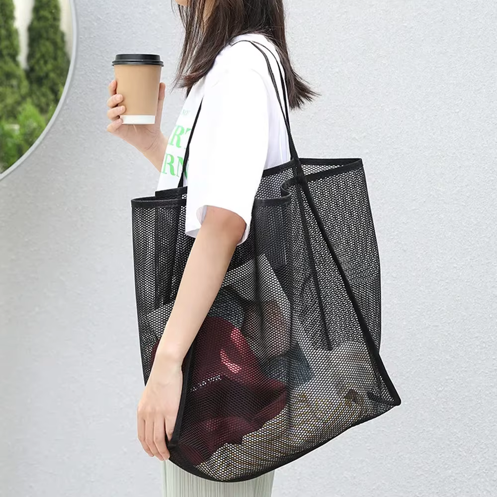 Sac de plage en filet simple grande capacité, fourre-tout de plage, pochette à cosmétiques, organisa