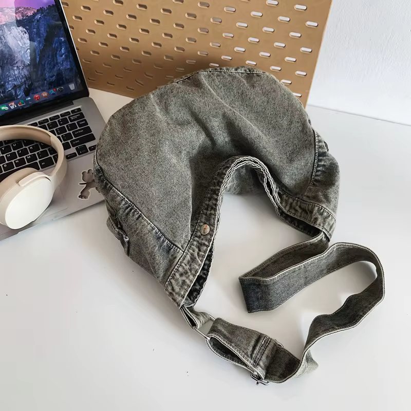 Sac bandoulière en jean délavé vintage, grand sac fourre-tout souple à large sangle réglable, sacs à