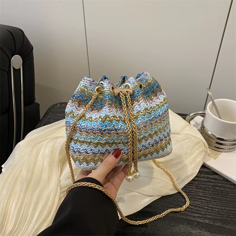 Sac bandoulière bohème pour femme, sac seau tissé colorblock à rayures, léger avec sangle réglable