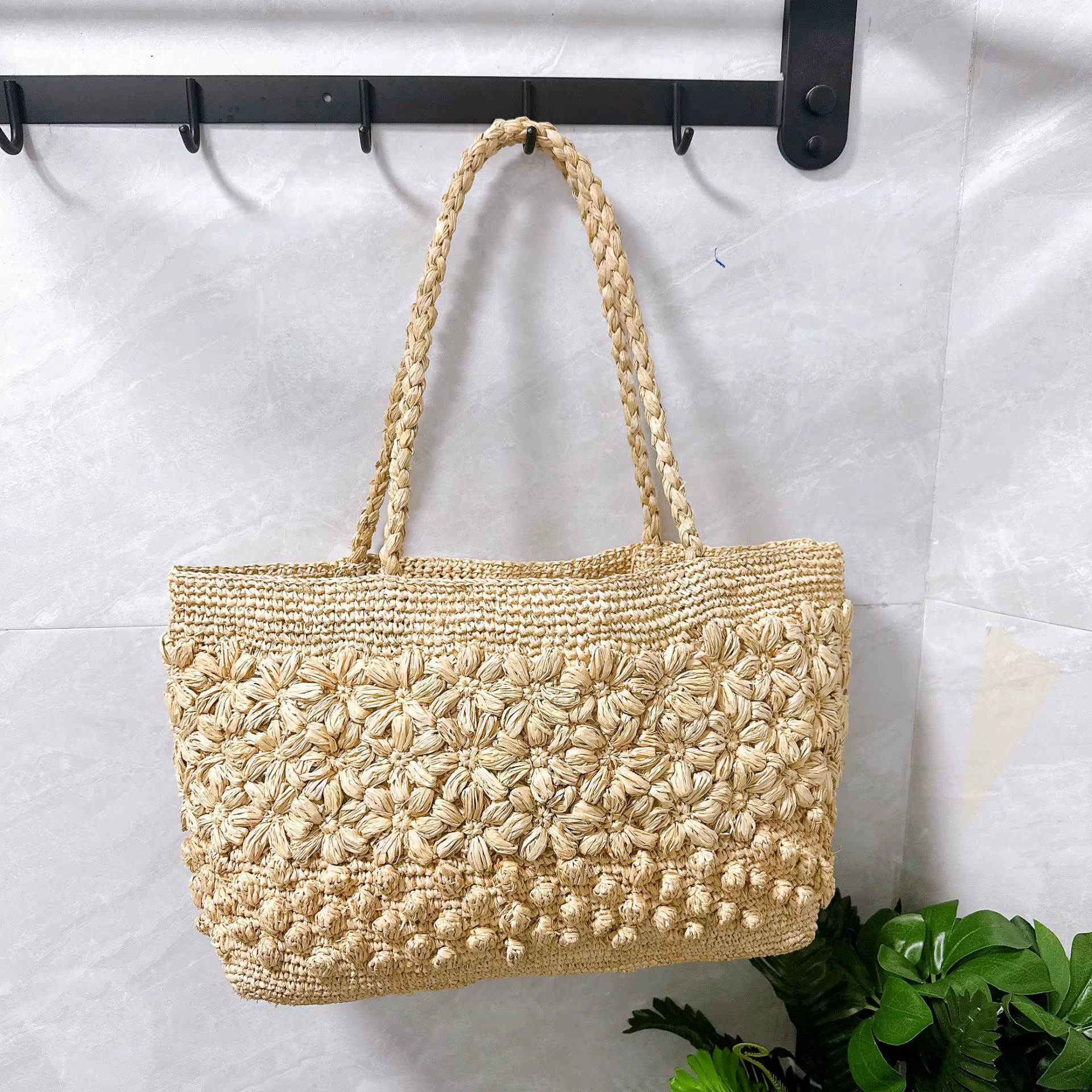 Sac fourre-tout bohème en raphia tressé, sac de plage au crochet avec fleurs pour femme, sac à bando