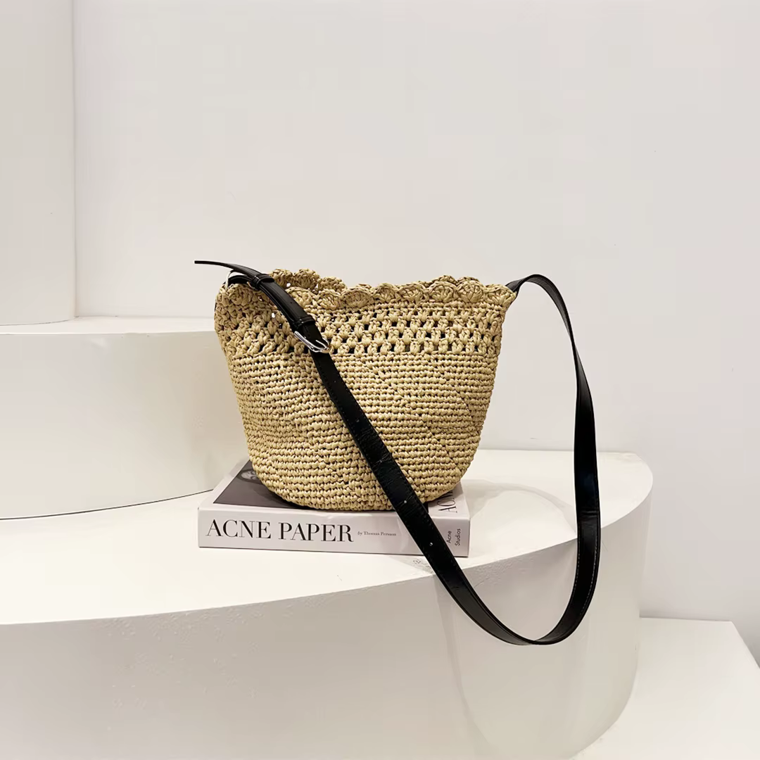 Sac Femme Raphia Paille Tissé Cuir Véritable Sangle Vache Bohème Vintage Plage Vacances Faite Main C