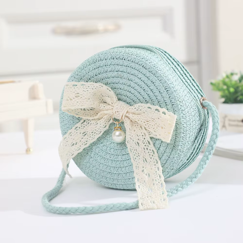 Mini sac en paille avec nœud en dentelle, rond et léger, sac de plage d'été tissé à la main avec fer