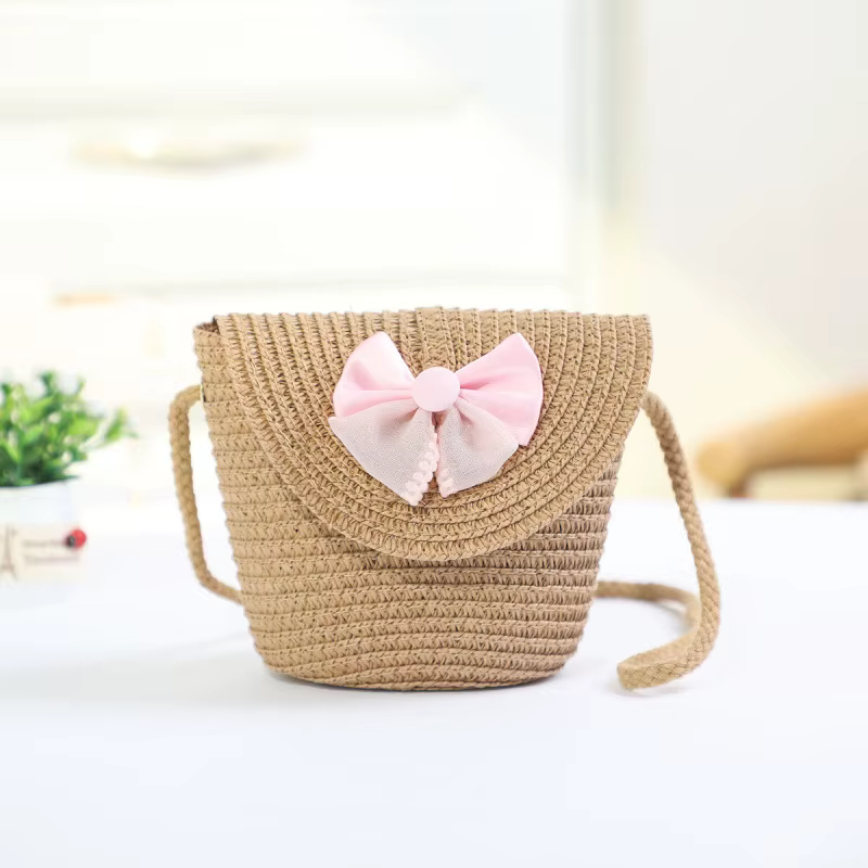 Sacs de paille à nœud rose pour filles, Mini sac à bandoulière à rabat, voyage en plein air, clés de