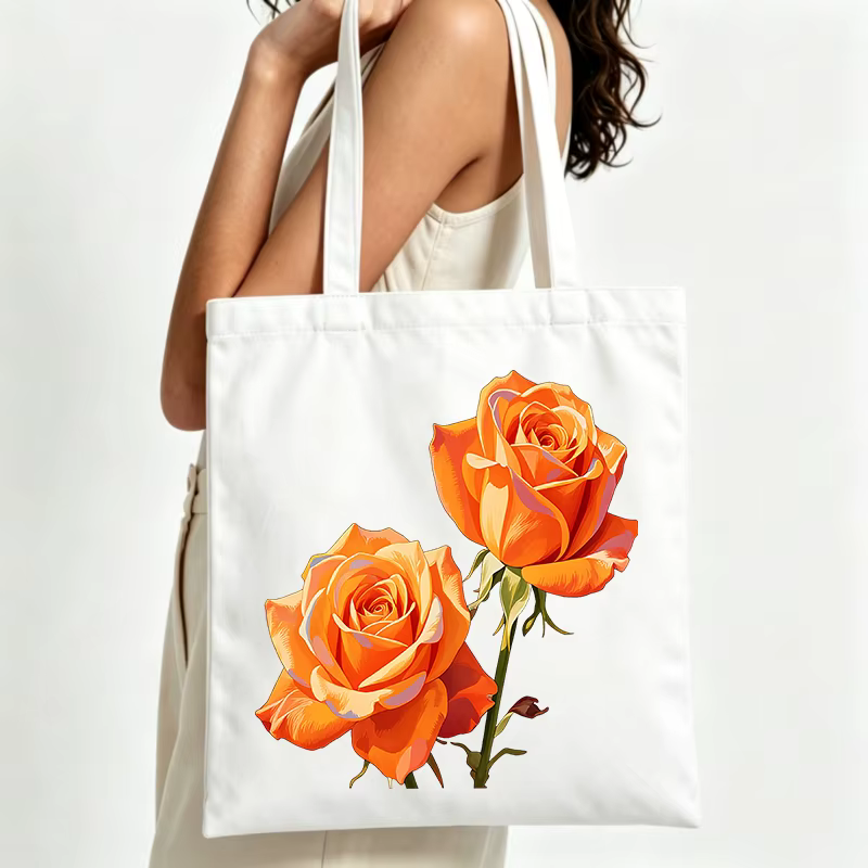 Sac fourre-tout en toile imprimé roses oranges, style décontracté pour les courses quotidiennes et l