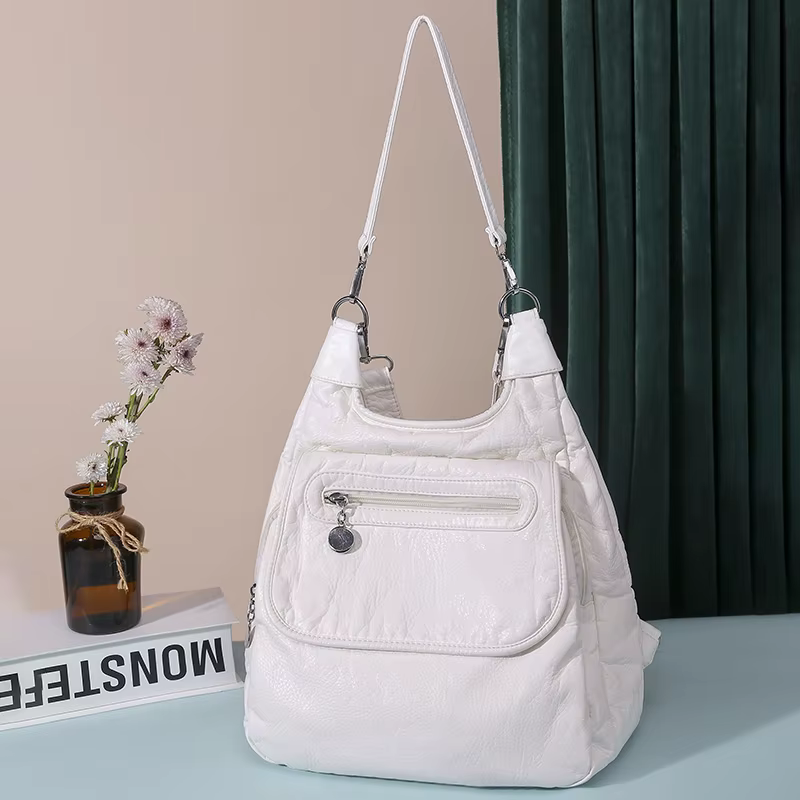 Sacs à dos blancs en cuir PU doux lavé, sacs initiés, sac à dos antivol, sac d'école de grande capac