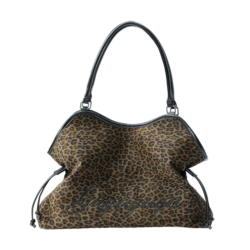 ELFSACK Y2K Sac fourre-tout de grande capacité avec lettres graphiques léopard brodées pour femme
