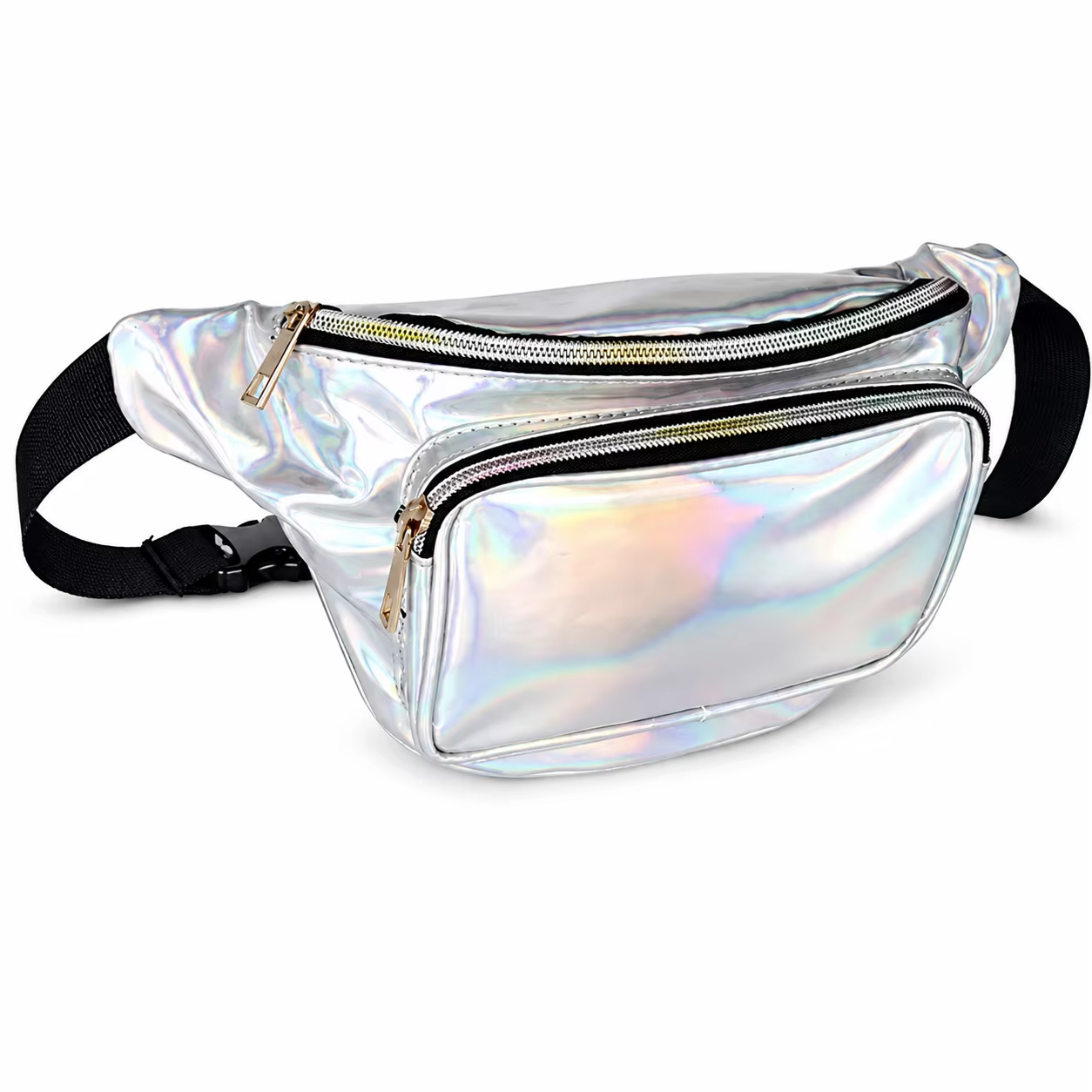 Sac banane holographique pour femme, sac de taille brillant avec 2 poches zippées, sangle réglable, 
