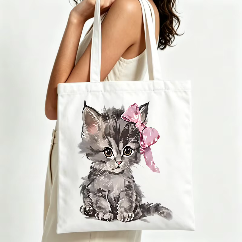 Sac fourre-tout en toile avec motif chaton mignon et nœud, style décontracté pour les courses quotid