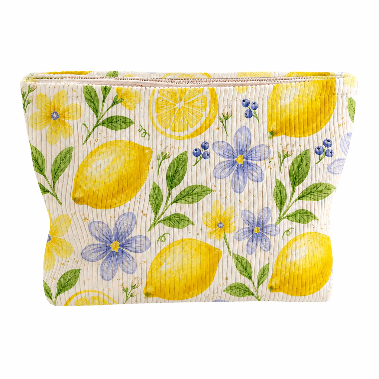 Trousse de maquillage en velours côtelé à motif floral citron pour femme, grande capacité, avec ferm