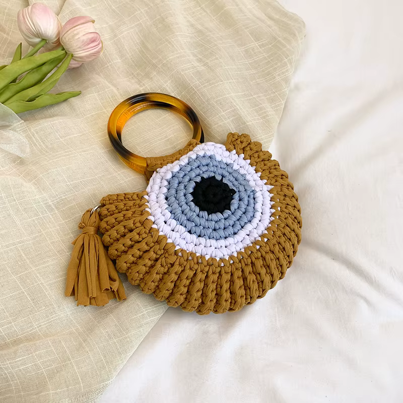 Poignée d'anneau jour pochette mode florale Crochet tricoté sac à la mode à la main sac rond Vintage