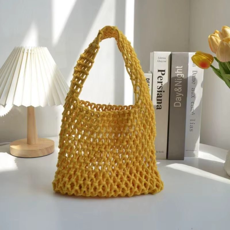 Sac à main tricoté ajouré fait main, pochette d'épaule tissée en corde de coton, coloré, grande capa