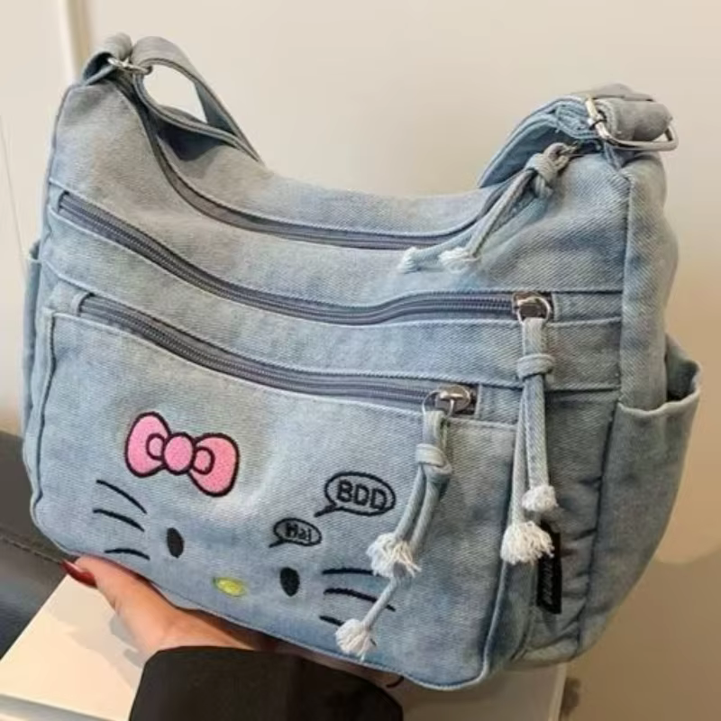 Sac à bandoulière rétro en denim HelloKitty tendance, fermeture éclair, grande capacité, polyvalent,