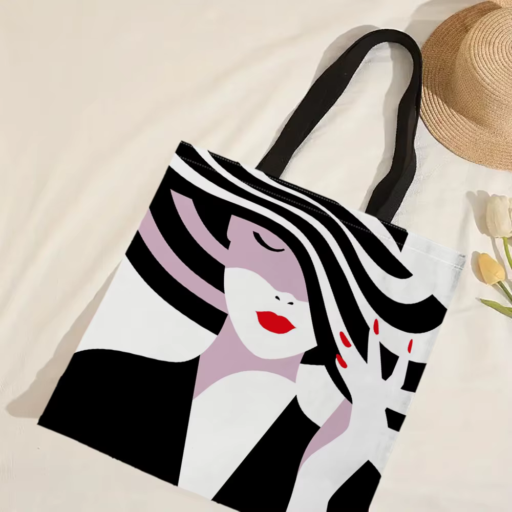 Sac fourre-tout géométrique noir et blanc pour femme, sacs en lin, cuillère à soupe, sacs à provisio