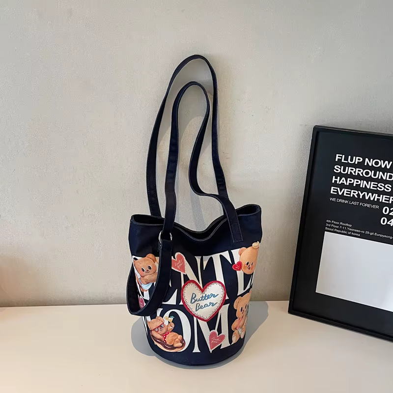 Sac seau en toile imprimé ours mignon, sac à bandoulière simple pour femme, grande capacité, sac à m