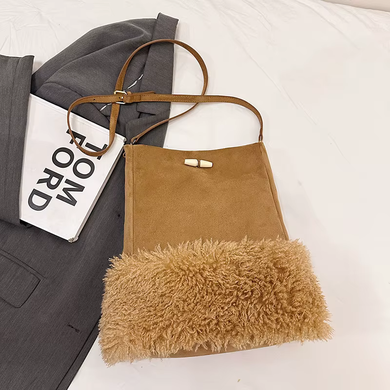 ChimBrand-Sac messager en cuir suédé pour femme, laine d'agneau, sac à main initié, sacs à main et s