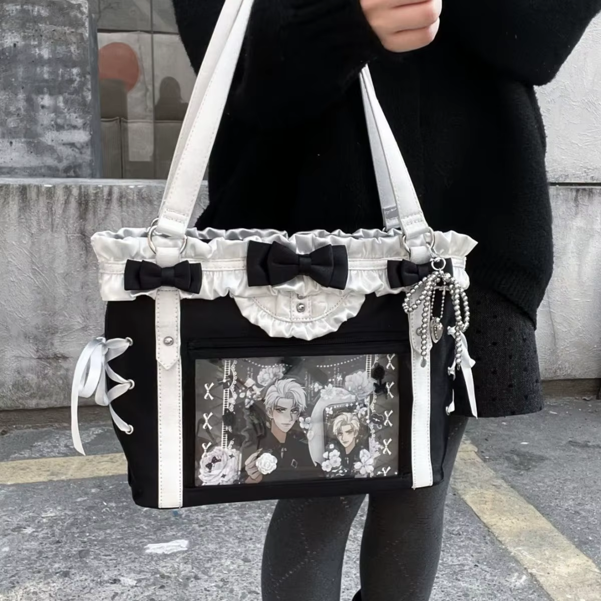 JIAERDI Lolita mignon arc sac à bandoulière dames Harajuku cuir carré grande capacité Ita sac Anime 
