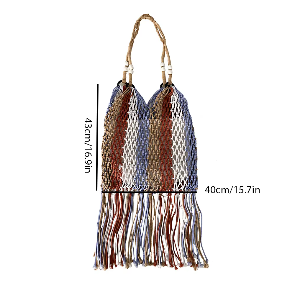 Sac fourre-tout en maille à franges style bohème, sac à bandoulière tissé à la main avec fond à pomp