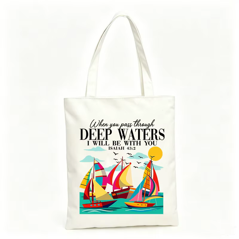 Sac fourre-tout en toile pour femme avec imprimé voilier et typographie, idéal pour les sorties déco