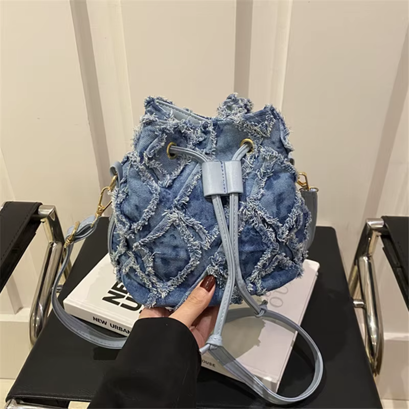 Mini sacs en Denim de Style seau pour femmes, sac élégant à cordon, nouveau sac seau pour téléphone 
