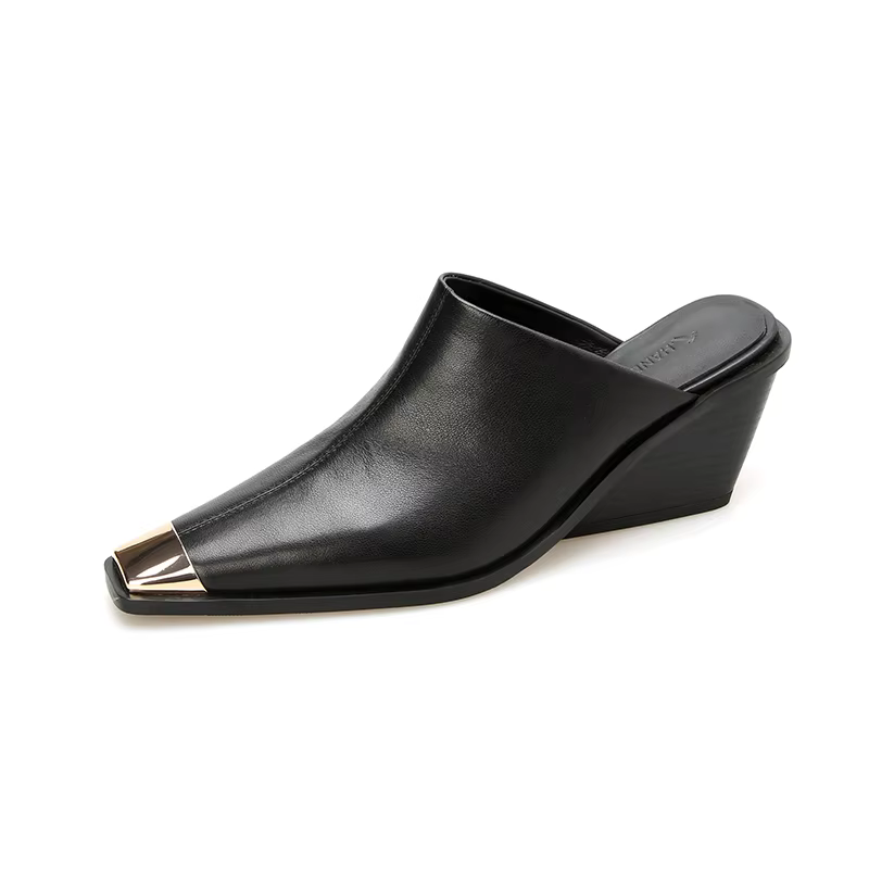 2025 nouvelles dames en cuir véritable tête en métal Mules mode Med talons épais été babouches femme