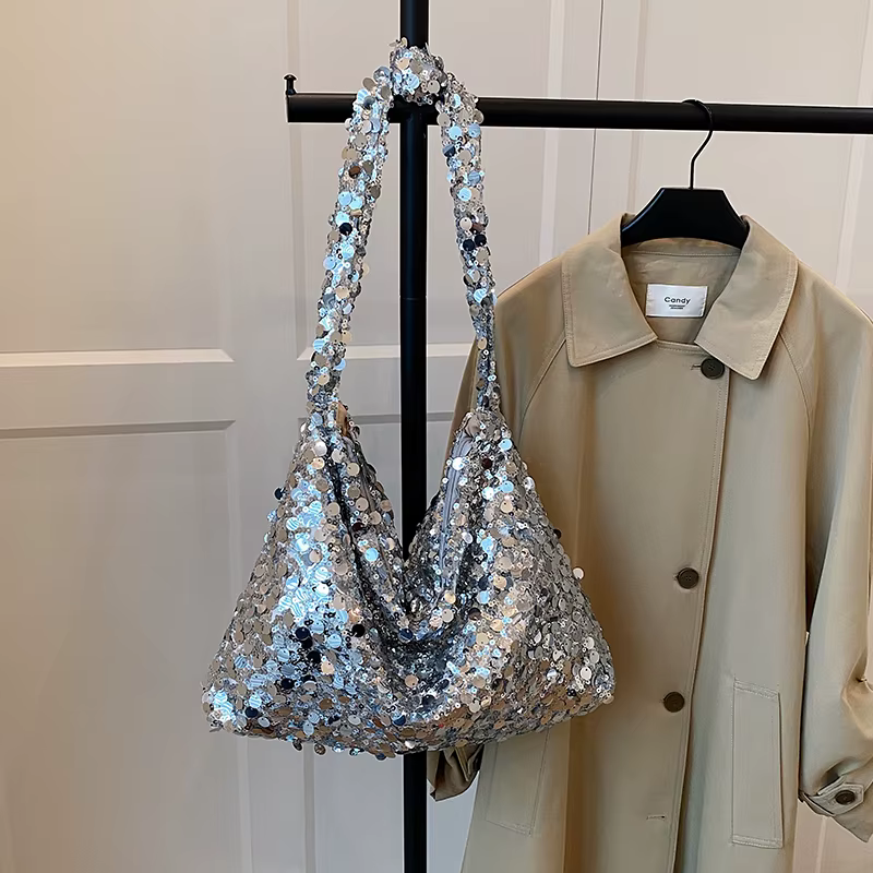 Sac à main argenté à paillettes pour femmes, sac sous les bras de luxe brillant, pochette pour dames